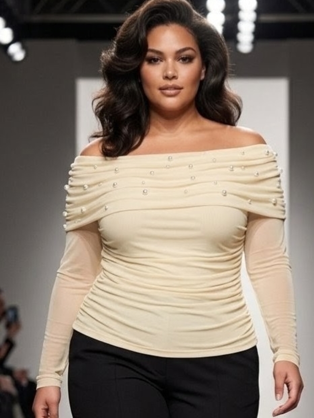 Off-Shoulder  Pearl-Embellished Cream Top